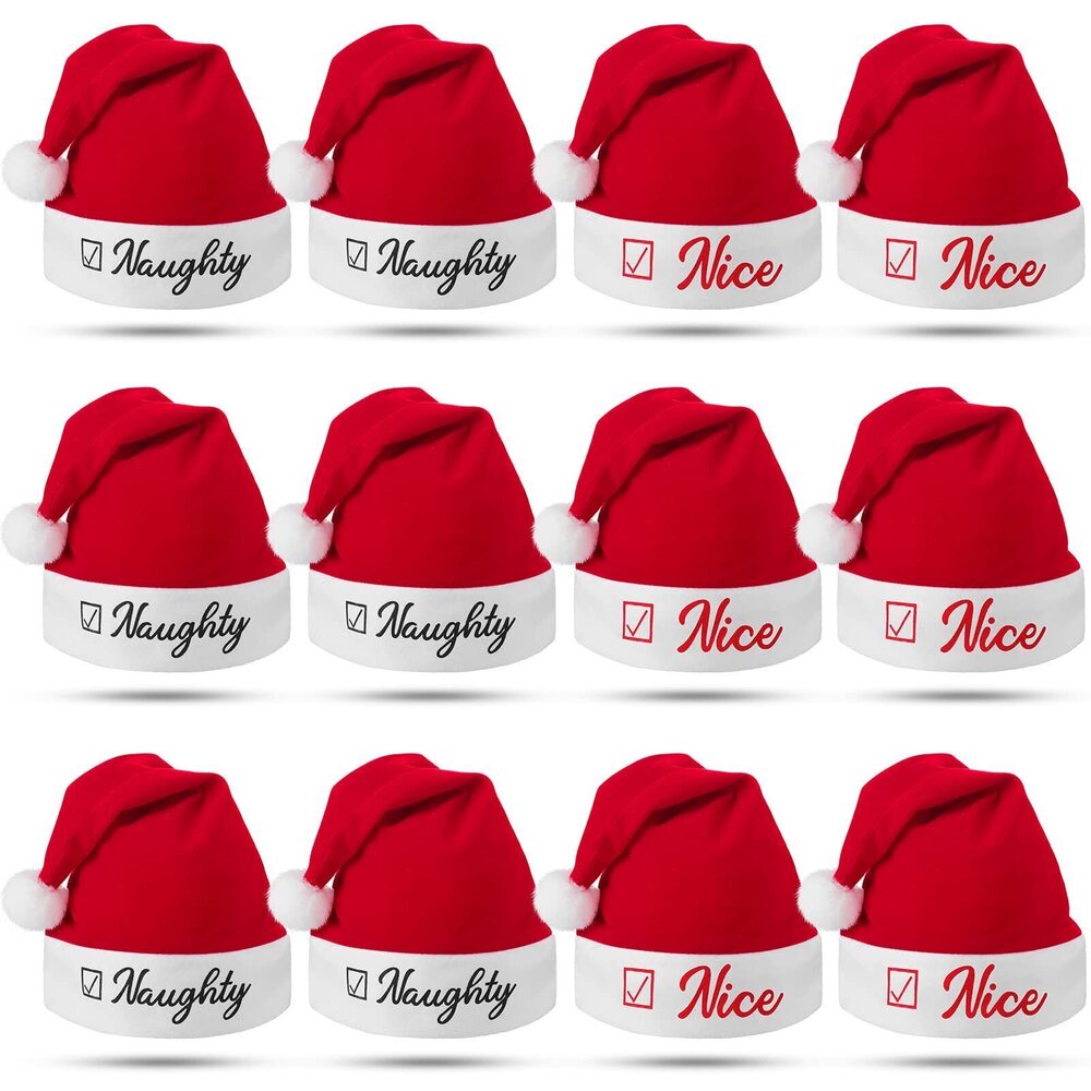 1036 12 Pieces Naughty and Nice Plush Christmas Santa Hats Funny Red